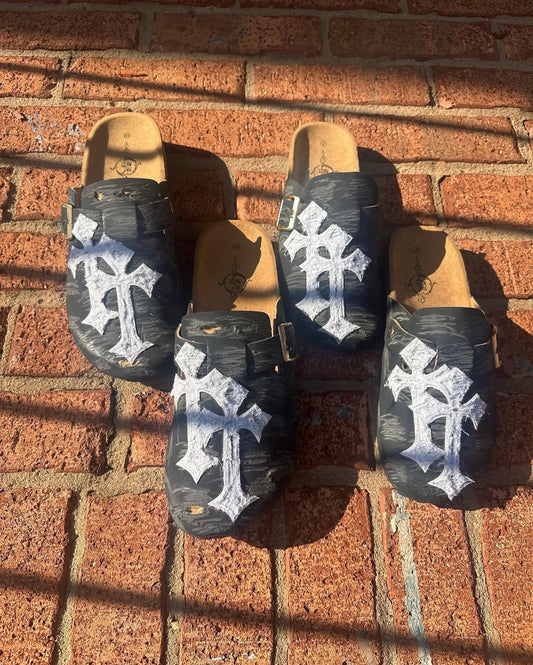 Black & White Distressed Clogs